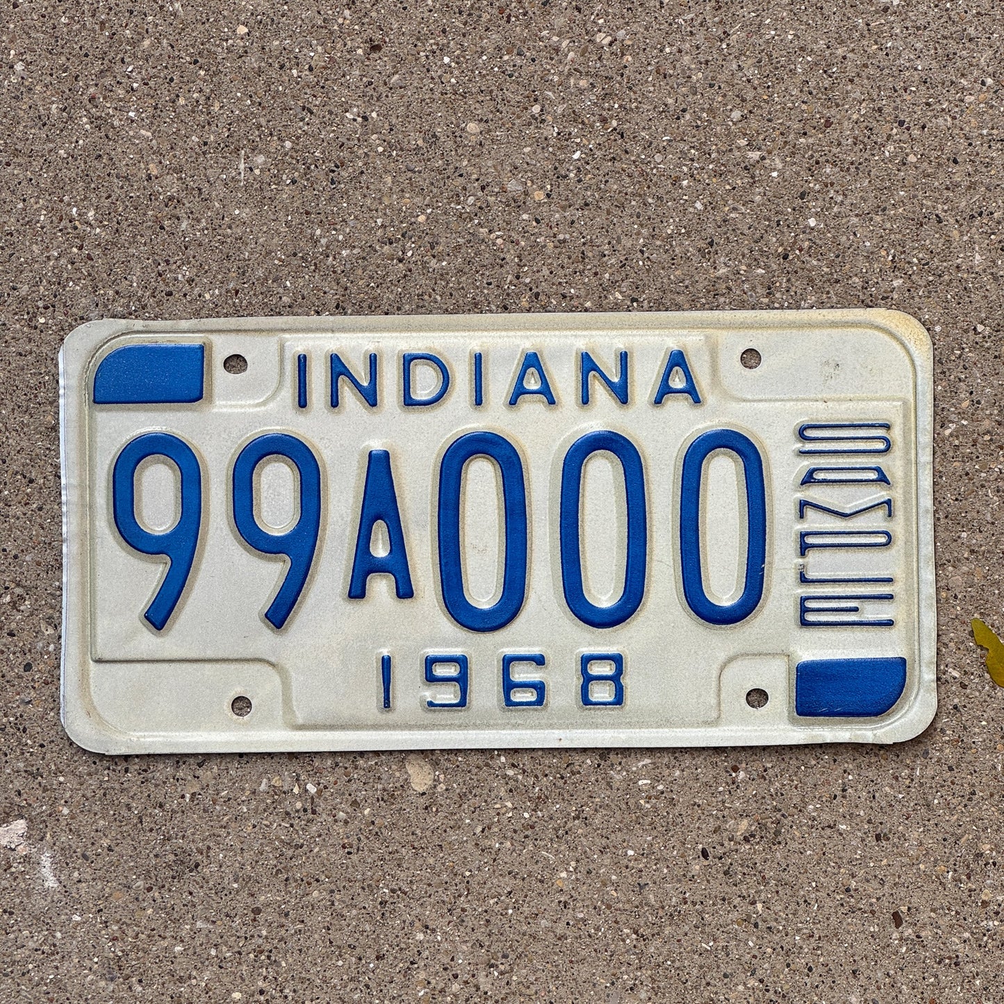 Photo of a 1968 Indiana Sample License Plate Auto Tag 2 Garage Decor 99A000 with original patina