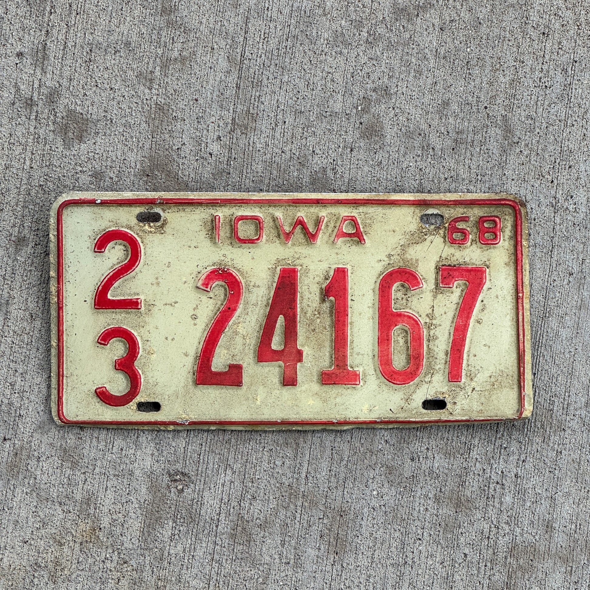 Photo of a 1968 Iowa License Plate Auto Tag Garage Decor Vintage 23 24167 with original patina