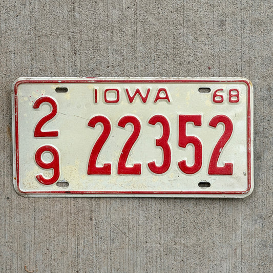 Photo of a 1968 Iowa License Plate Auto Tag Garage Decor Vintage 29 22352 with original patina