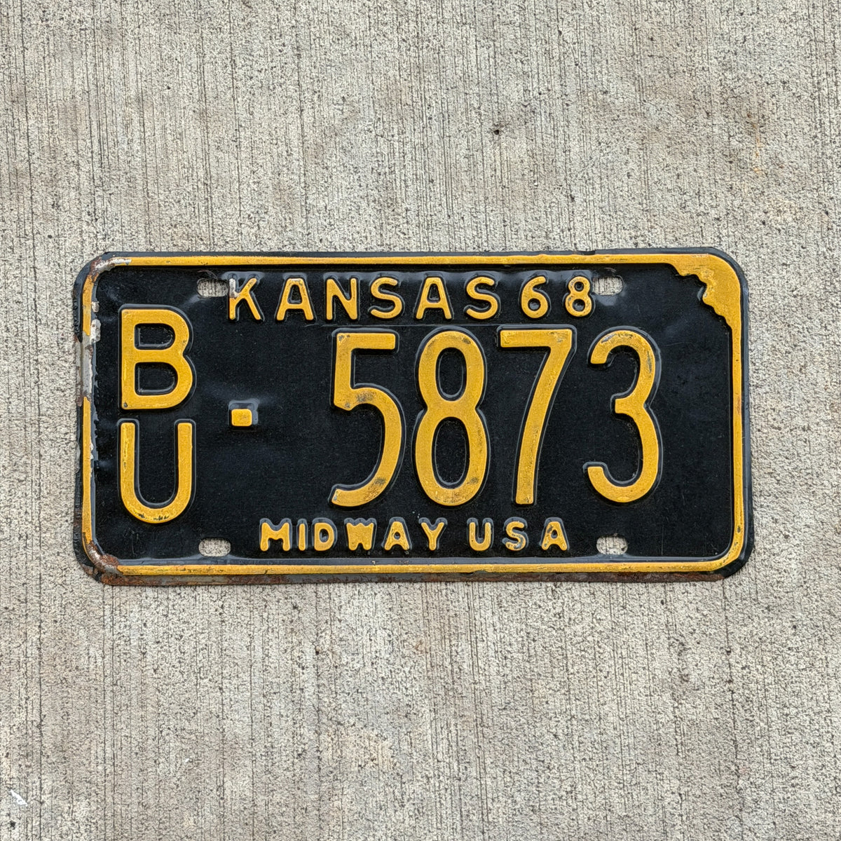 Photo of a 1968 Kansas License Plate Auto Tag Garage Decor Vintage BU 5873 with original patina