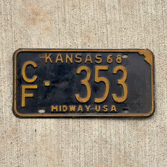 Photo of a 1968 Kansas License Plate Auto Tag Garage Decor Vintage CF 353 with original patina