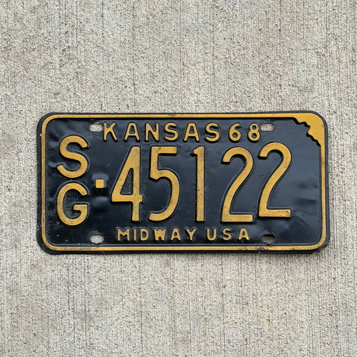 Photo of a 1968 Kansas License Plate Auto Tag Garage Decor Vintage SG 45122 with original patina