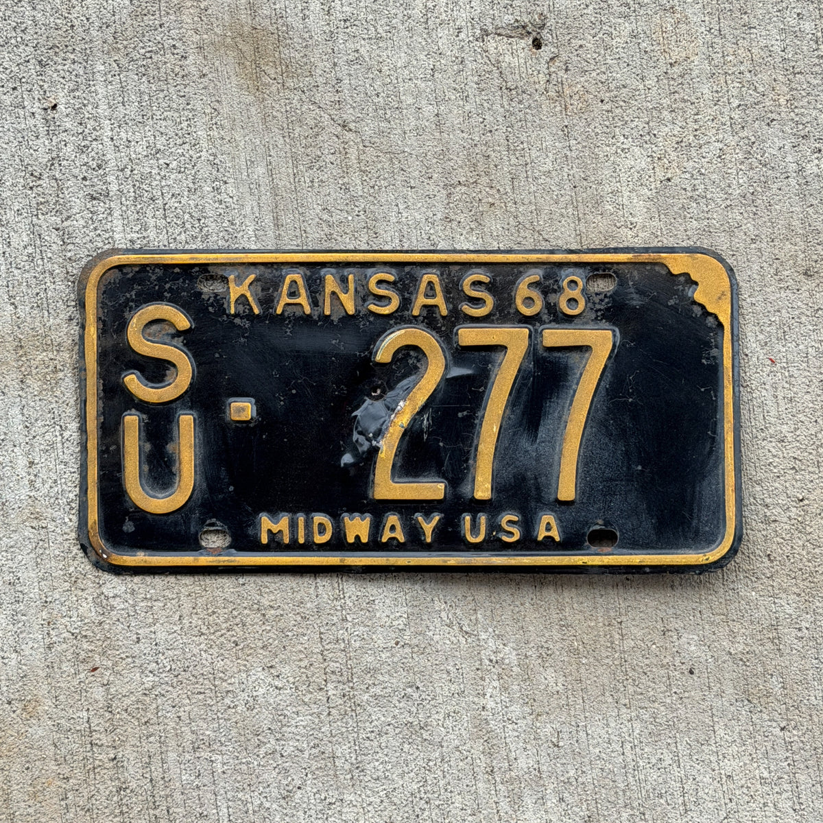Photo of a 1968 Kansas License Plate Auto Tag Garage Decor Vintage SU 277 with original patina