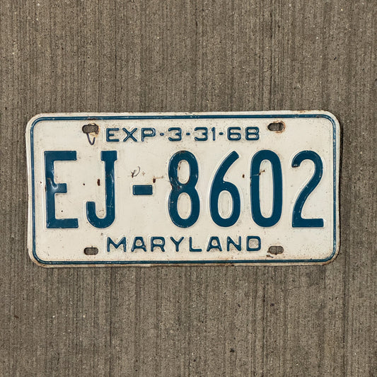 Photo of a 1968 Maryland License Plate Auto Tag Garage Decor Vintage EJ 8602 with original patina