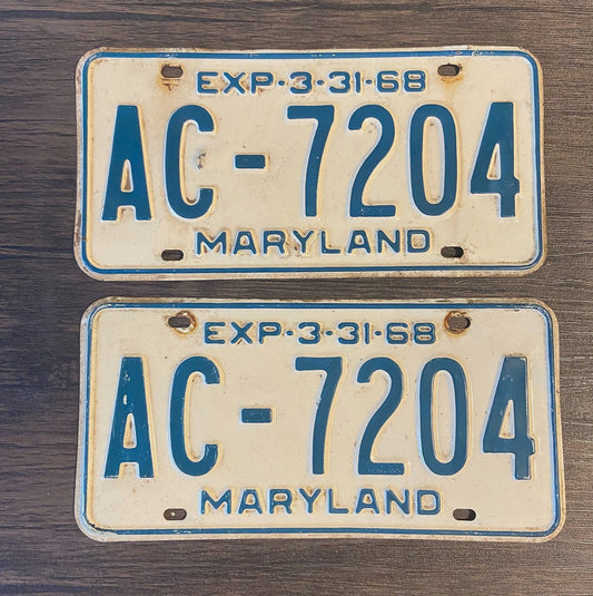 Photo of a 1968 Maryland License Plate Pair Auto Tag Garage Decor Vintage AC 7204 with original patina