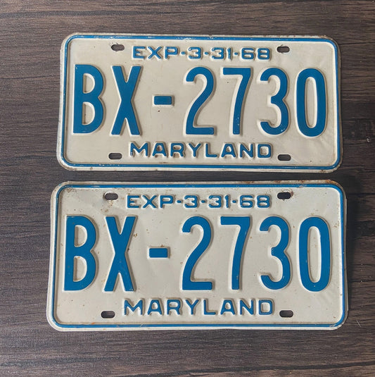Photo of a 1968 Maryland License Plate Pair Auto Tag Garage Decor Vintage BX 2730 with original patina