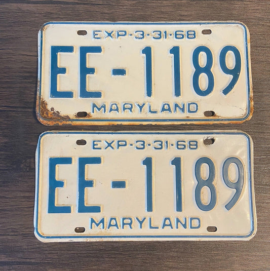 Photo of a 1968 Maryland License Plate Pair Auto Tag Garage Decor Vintage EE 1189 with original patina