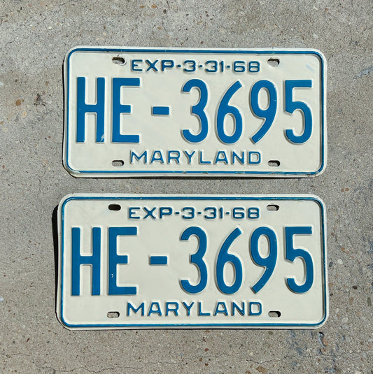 Photo of a 1968 Maryland License Plate Pair Auto Tag Garage Decor Vintage HE 3695 with original patina