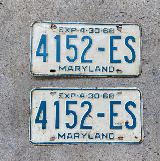 Photo of a 1968 Maryland Truck License Plate Pair Auto Tag Garage Decor Vintage 4152 ES with original patina