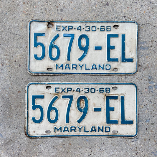 Photo of a 1968 Maryland Truck License Plate Pair Auto Tag Garage Decor Vintage 5679 EL with original patina