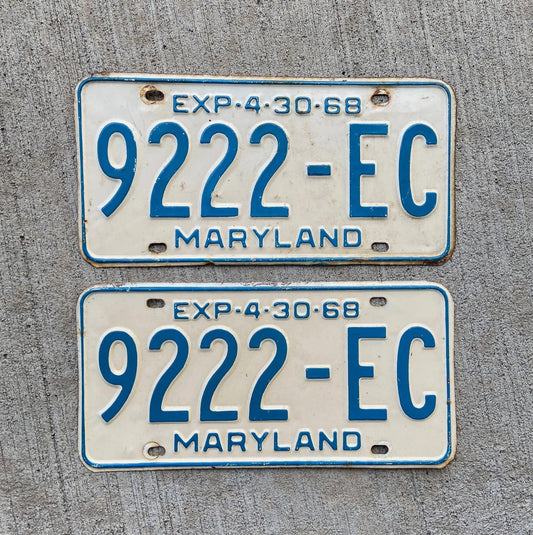 Photo of a 1968 Maryland Truck License Plate Pair Auto Tag Garage Decor Vintage Repeat Repeating 9222 EC with original patina