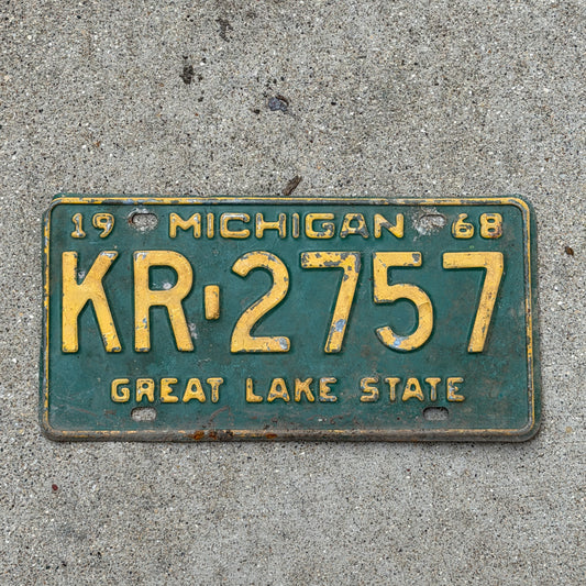 Photo of a 1968 Michigan License Plate Auto Tag Garage Decor Vintage KR 2757 with original patina