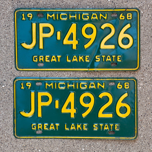 Photo of a 1968 Michigan License Plate Pair Auto Tag Garage Decor Vintage JP 4926