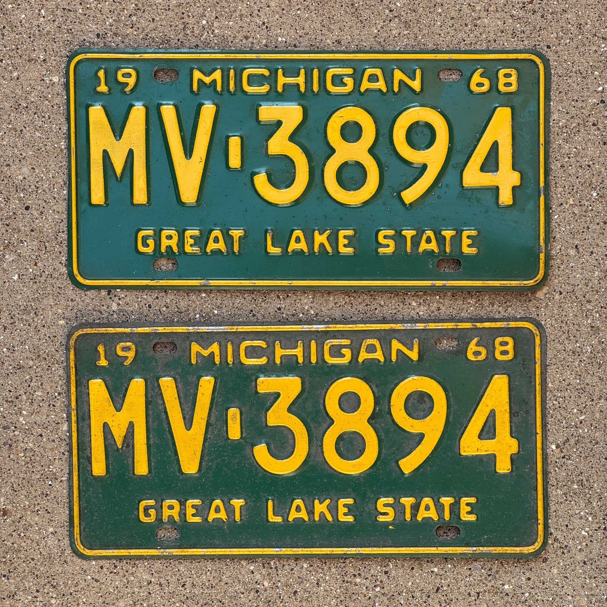 Photo of a 1968 Michigan License Plate Pair Auto Tag Garage Decor Vintage MV 3894