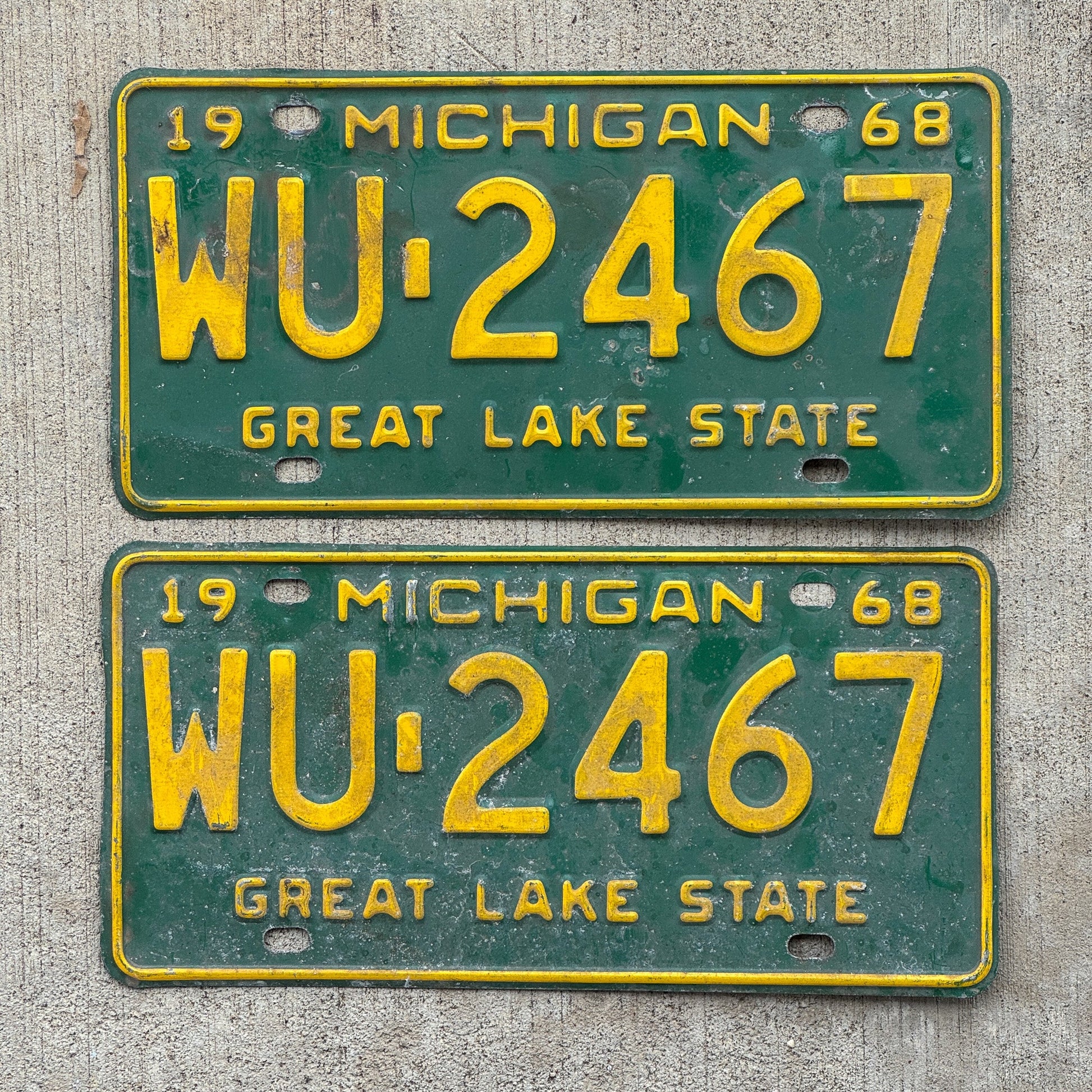Photo of a 1968 Michigan License Plate Pair Auto Tag Garage Decor Vintage WU 2467