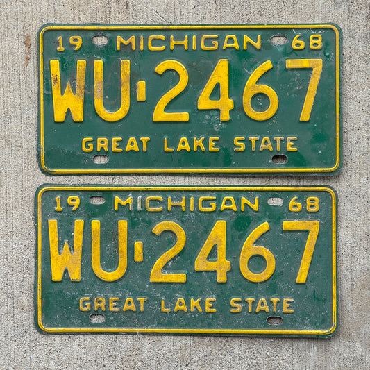 Photo of a 1968 Michigan License Plate Pair Auto Tag Garage Decor Vintage WU 2467