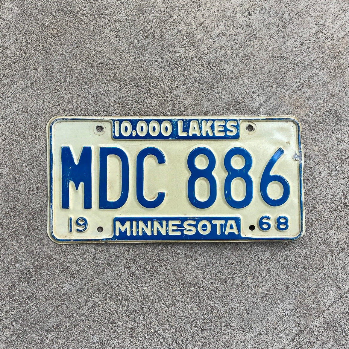 Photo of a 1968 Minnesota License Plate Auto Tag Garage Decor Vintage MDC 886 with original patina