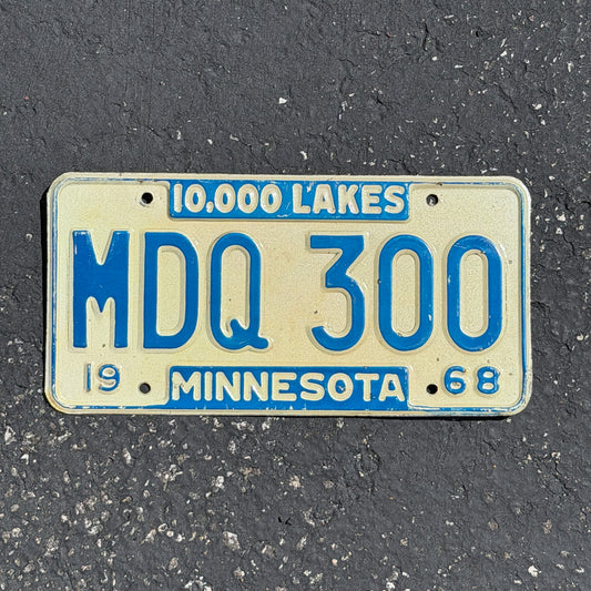 Photo of a 1968 Minnesota License Plate Auto Tag Garage Decor Vintage MDQ 300 with original patina