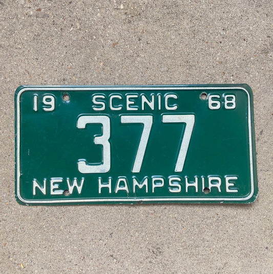 Photo of a 1968 New Hampshire License Plate Auto Tag Garage Decor Vintage Low Number Three Digit 377 with original patina