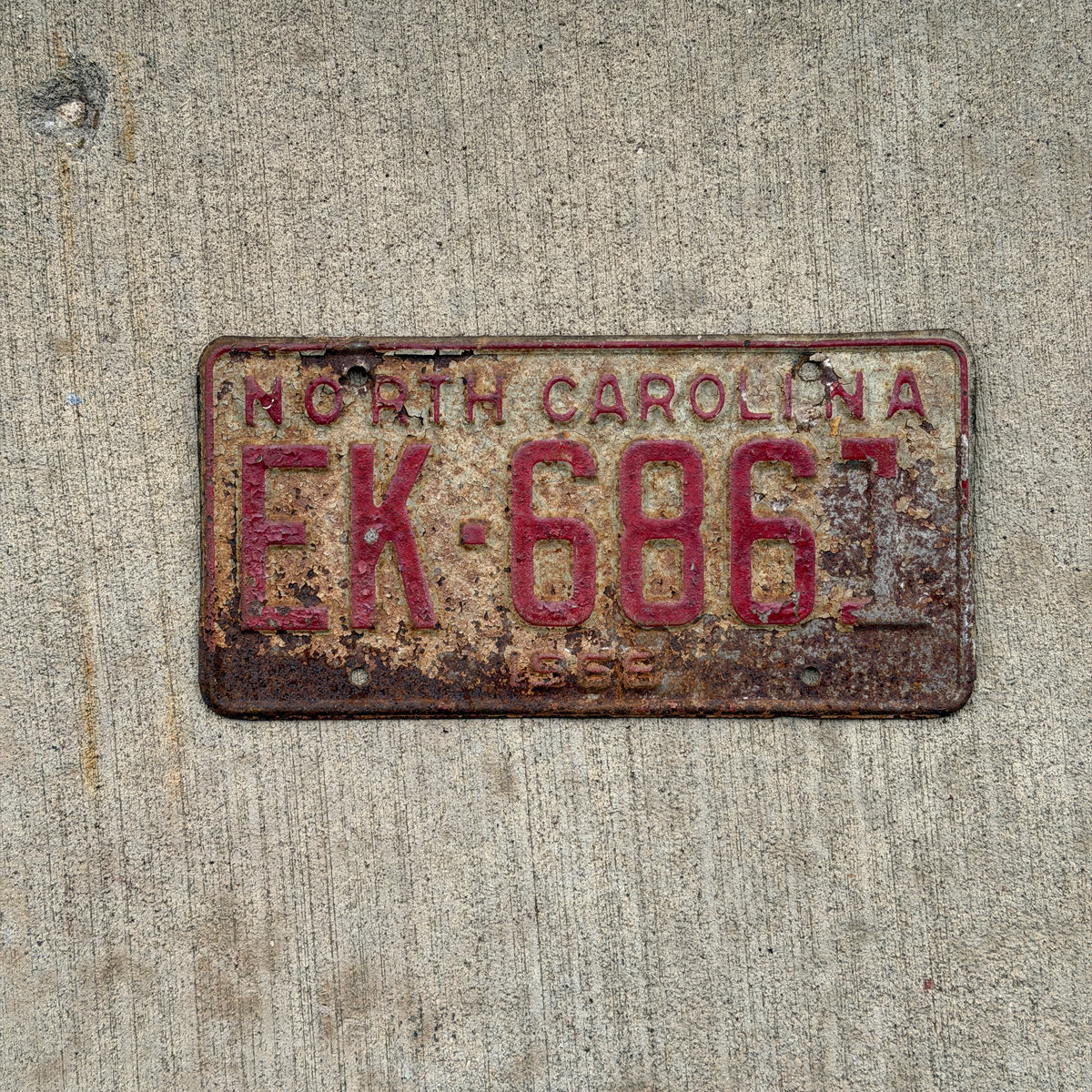 Photo of a 1968 North Carolina License Plate Auto Tag Garage Decor Vintage EK 6861 with original patina