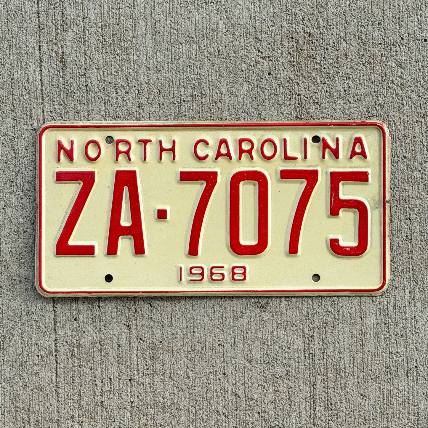 Photo of a 1968 North Carolina License Plate Auto Tag Garage Decor Vintage High Quality ZA 7075 with original patina