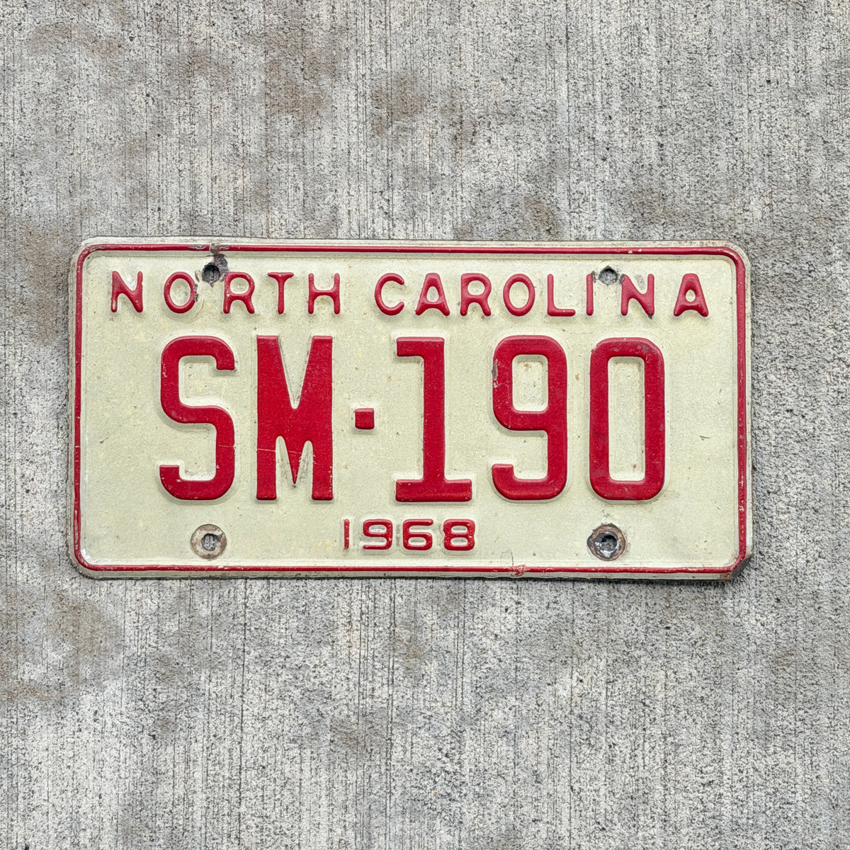 Photo of a 1968 North Carolina License Plate Auto Tag Garage Decor Vintage SM 190 with original patina