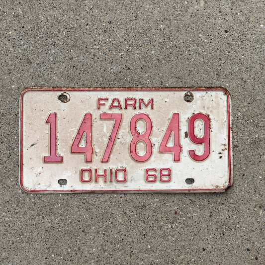 Photo of a 1968 Ohio Farm License Plate Auto Tag Garage Decor Vintage 147849 with original patina