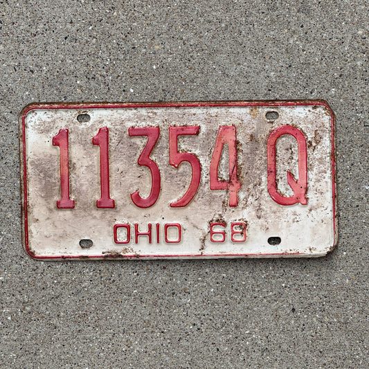 Photo of a 1968 Ohio License Plate Auto Tag Garage Decor Vintage 11354 Q with original patina