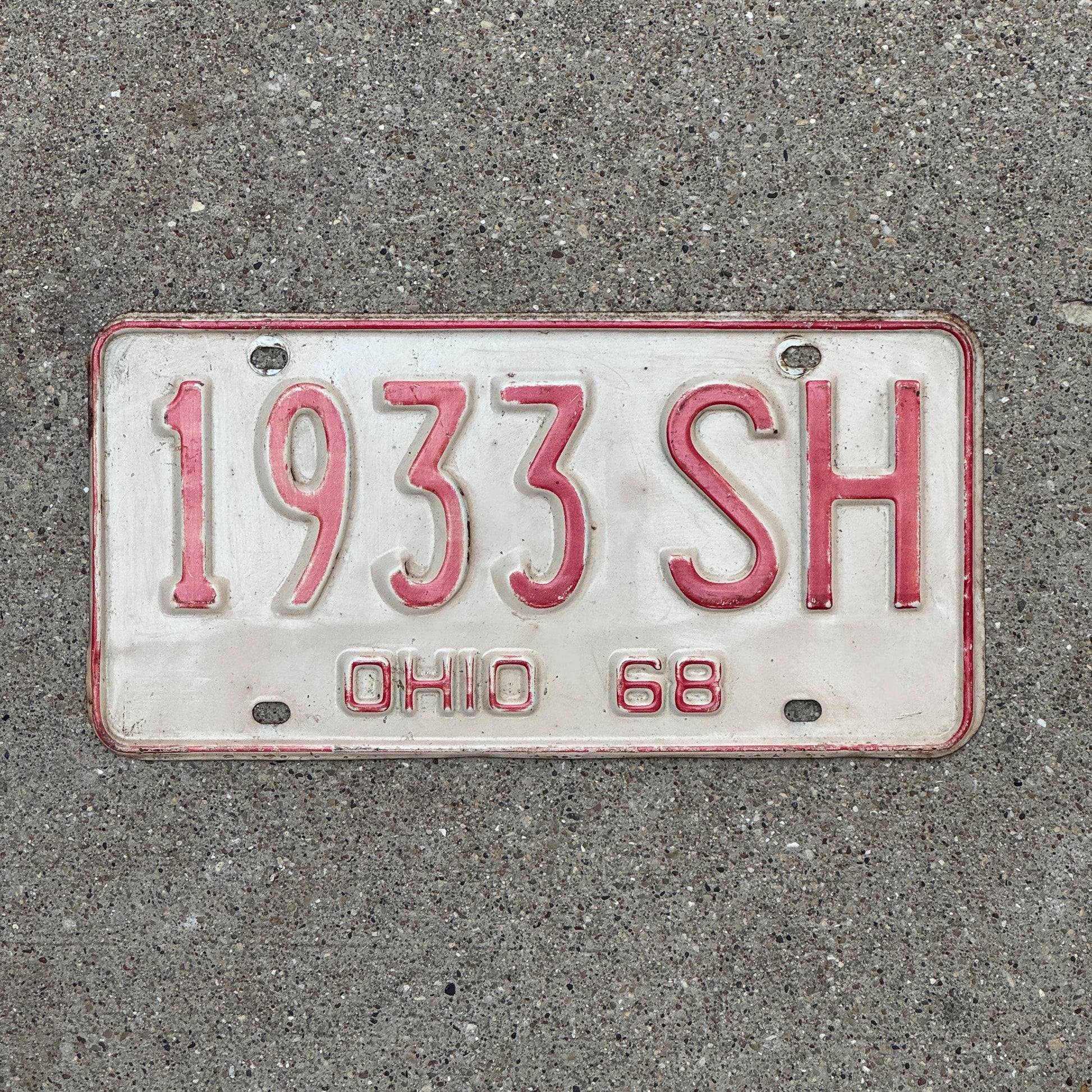 Photo of a 1968 Ohio License Plate Auto Tag Garage Decor Vintage 1933 SH with original patina