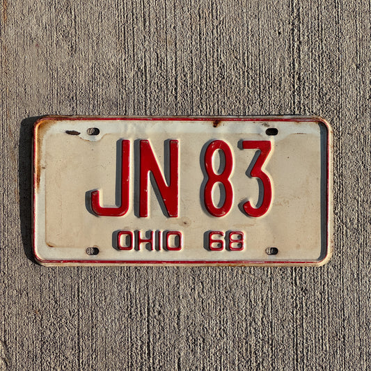 Photo of a 1968 Ohio License Plate Auto Tag Garage Decor Vintage JN 83 with original patina