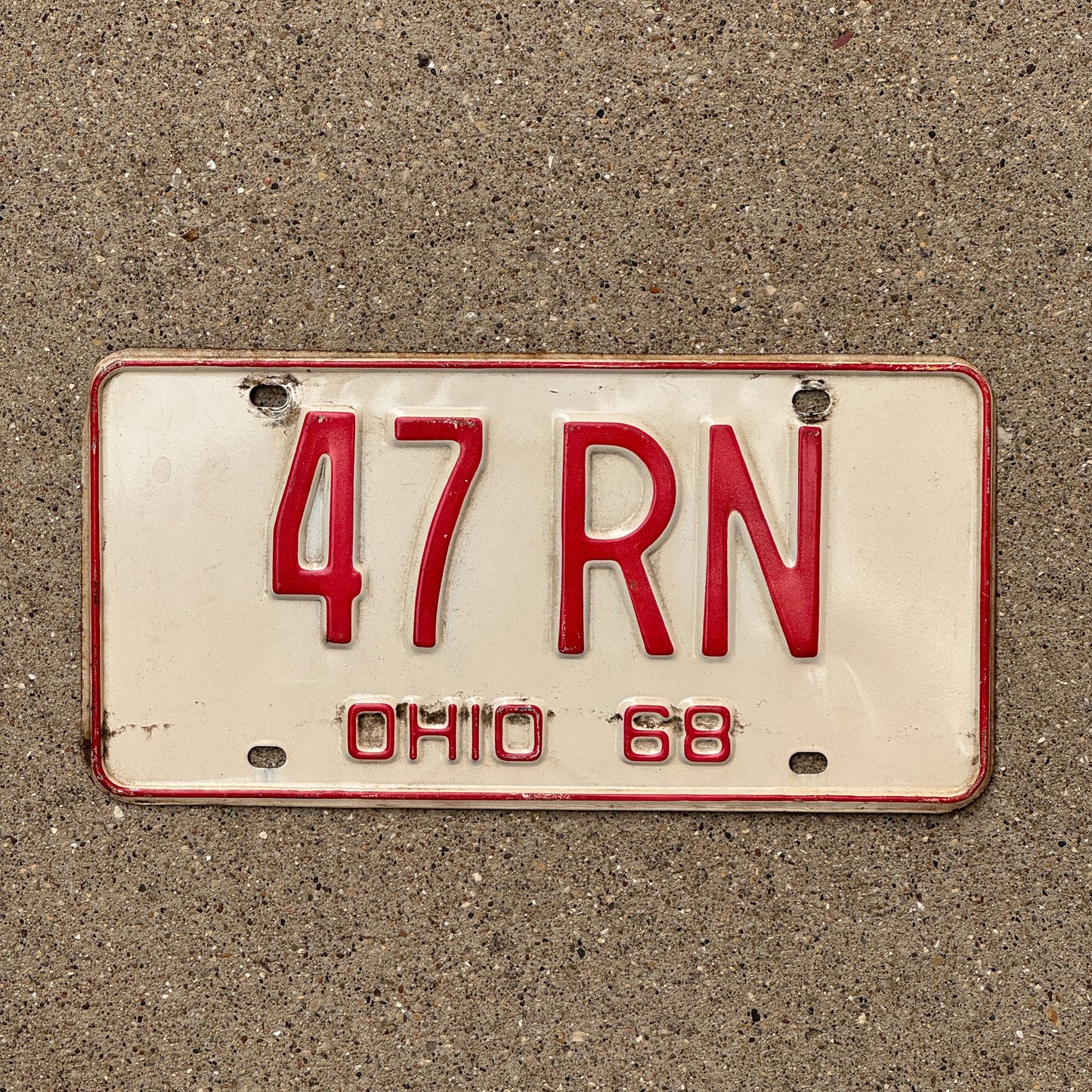 Photo of a 1968 Ohio License Plate Auto Tag Garage Decor Vintage Nurse Gift 47 RN with original patina