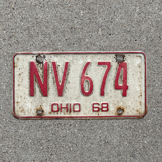 Photo of a 1968 Ohio License Plate Auto Tag Garage Decor Vintage NV 674 with original patina