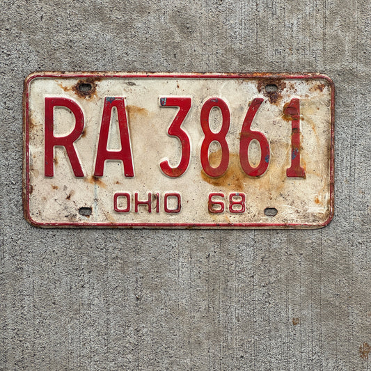 Photo of a 1968 Ohio License Plate Auto Tag Garage Decor Vintage RA 3861 with original patina