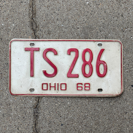 Photo of a 1968 Ohio License Plate Auto Tag Garage Decor Vintage TS 286 with original patina