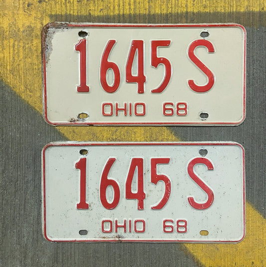 Photo of a 1968 Ohio License Plate Pair Auto Tag Garage Decor Vintage 1645 S with original patina