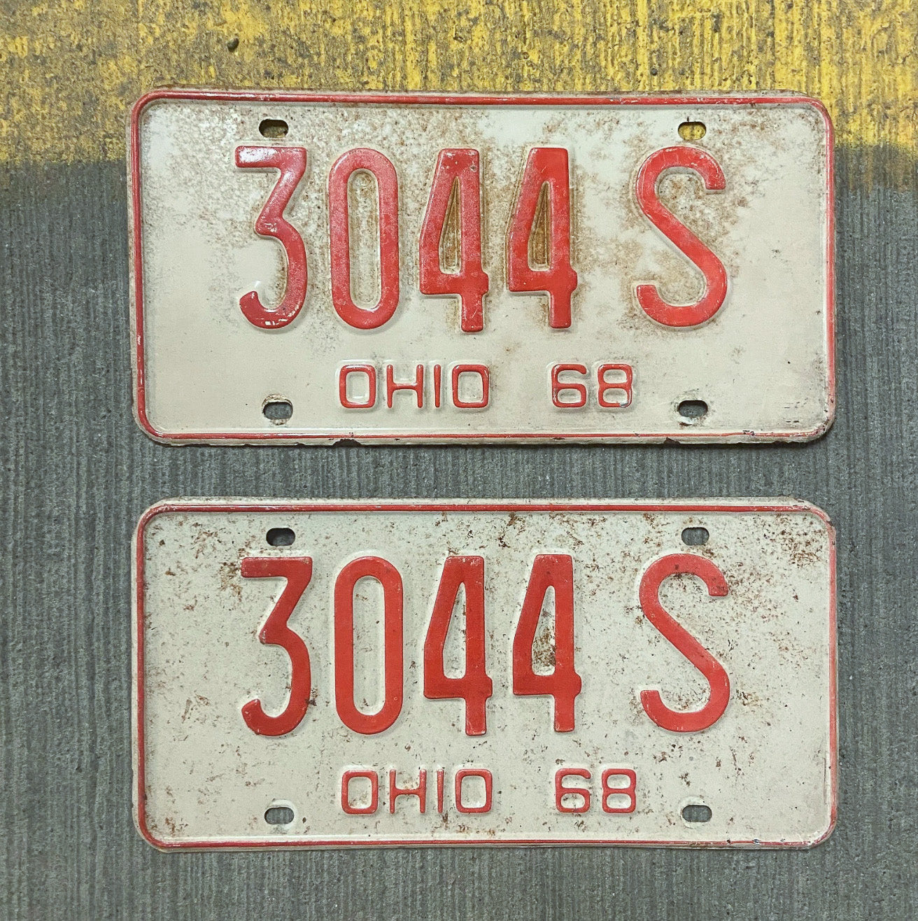 Photo of a 1968 Ohio License Plate Pair Auto Tag Garage Decor Vintage 3044 S with original patina