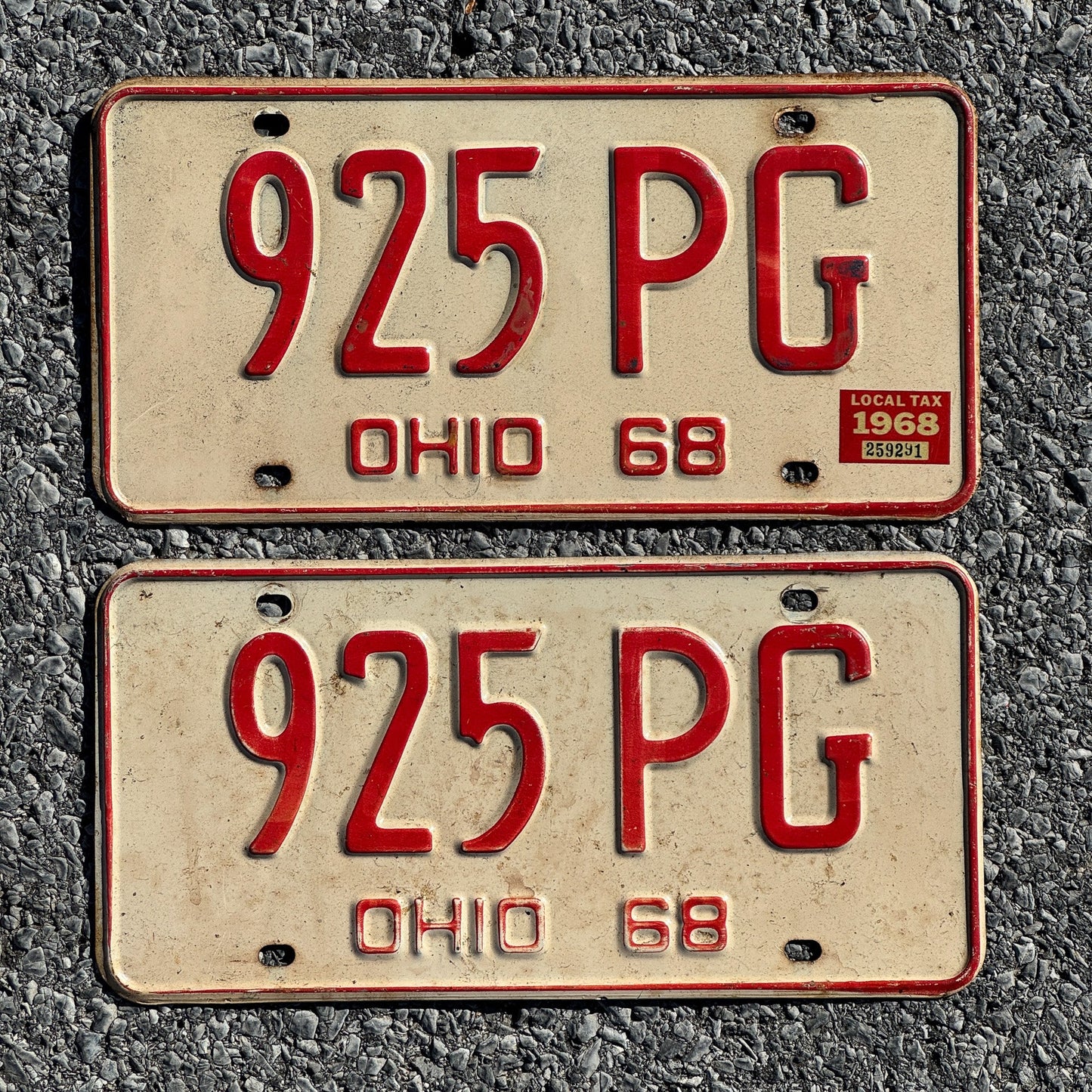 Photo of a 1968 Ohio License Plate Pair Auto Tag Garage Decor Vintage 925 PG