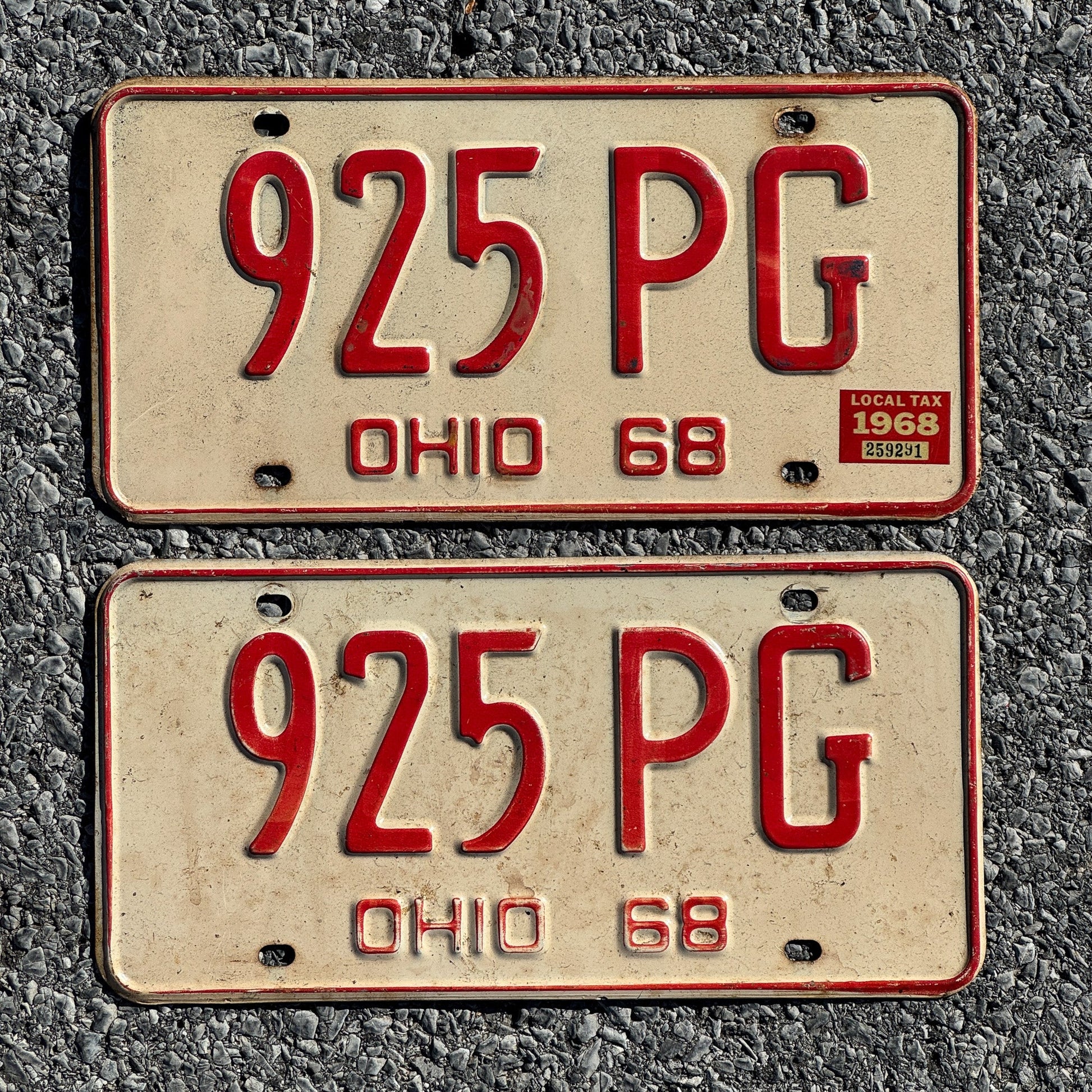 Photo of a 1968 Ohio License Plate Pair Auto Tag Garage Decor Vintage 925 PG