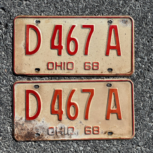 Photo of a 1968 Ohio License Plate Pair Auto Tag Garage Decor Vintage D 467 A