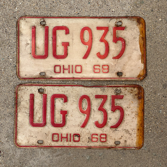 Photo of a 1968 Ohio License Plate Pair Auto Tag Garage Decor Vintage UG 935 with original patina
