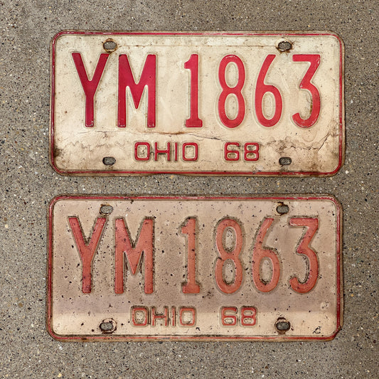 Photo of a 1968 Ohio License Plate Pair Auto Tag Garage Decor Vintage YM 1863 with original patina