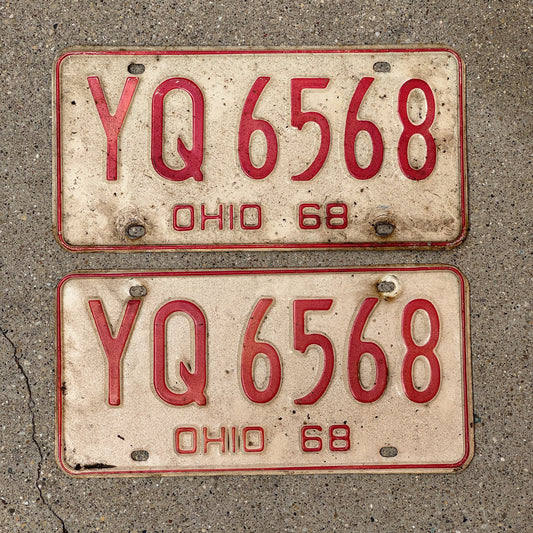 Photo of a 1968 Ohio License Plate Pair Auto Tag Garage Decor Vintage YQ 6568 with original patina