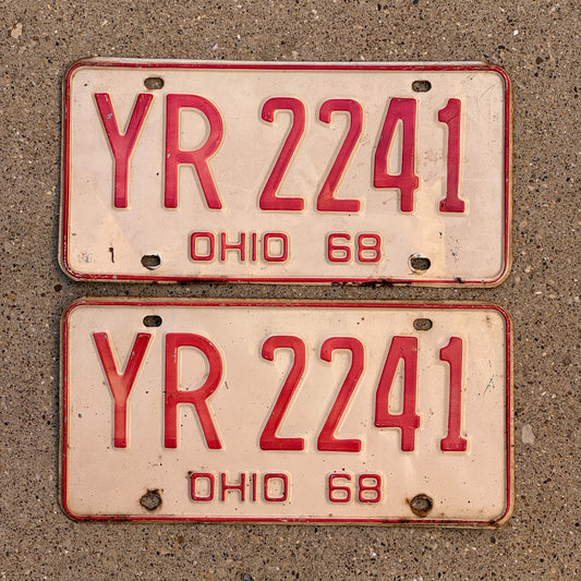 Photo of a 1968 Ohio License Plate Pair Auto Tag Garage Decor Vintage YR 2241 with original patina