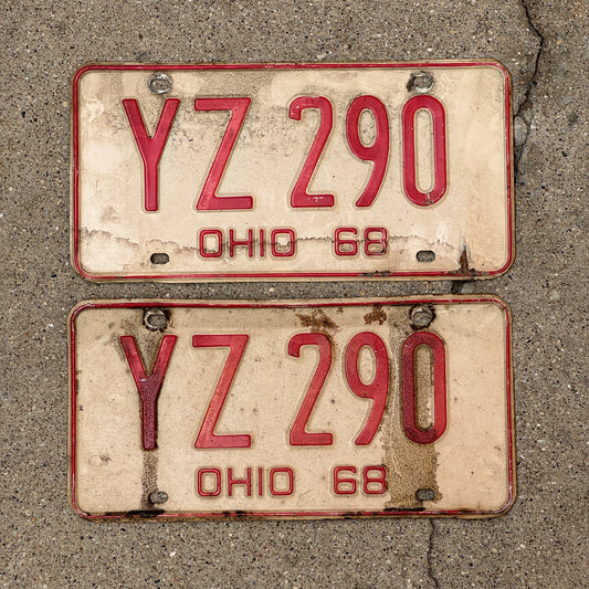 Photo of a 1968 Ohio License Plate Pair Auto Tag Garage Decor Vintage YZ 290 with original patina