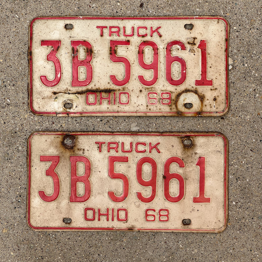 Photo of a 1968 Ohio Truck License Plate Pair Auto Tag Garage Decor Vintage 3 B 5961 with original patina