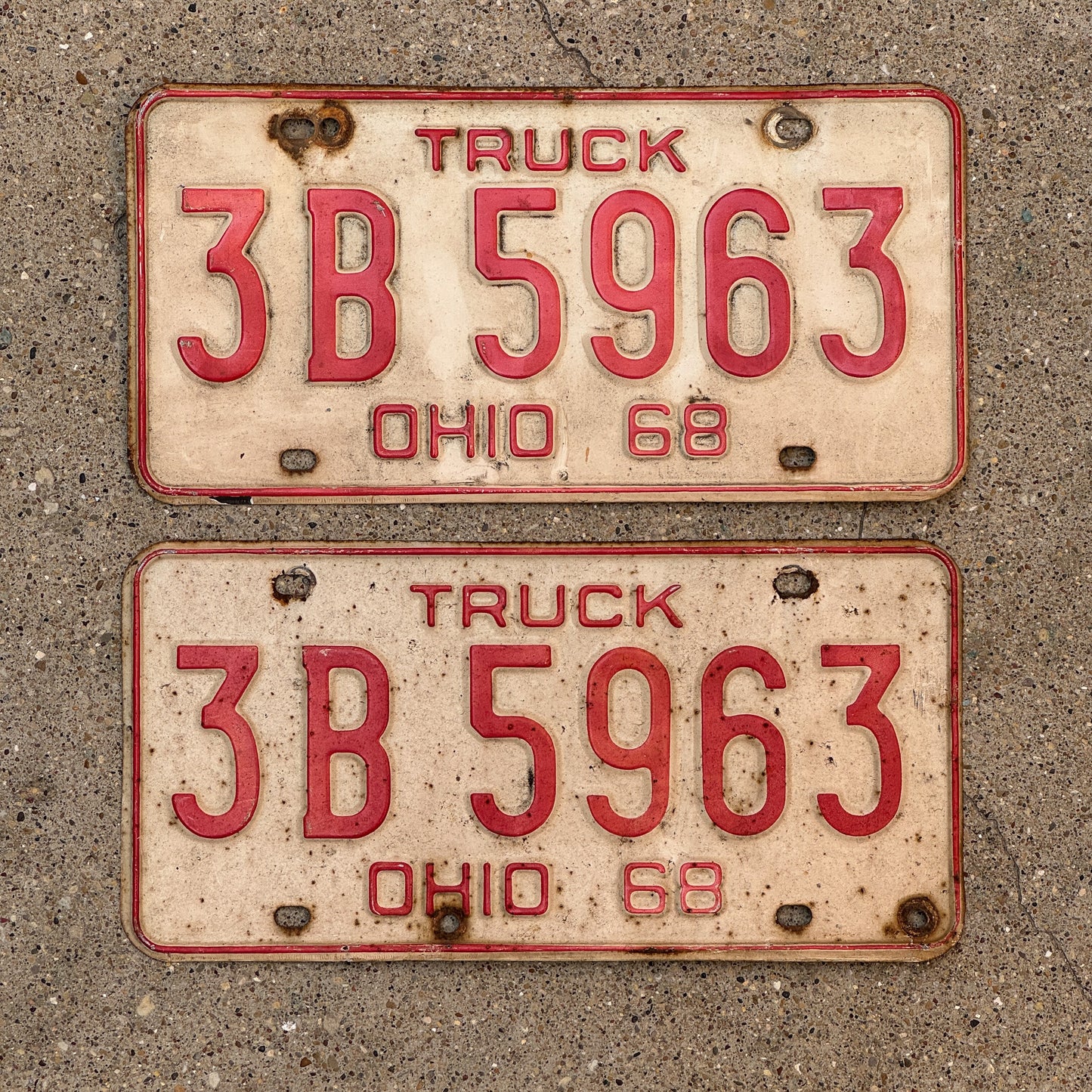 Photo of a 1968 Ohio Truck License Plate Pair Auto Tag Garage Decor Vintage 3 B 5963 with original patina