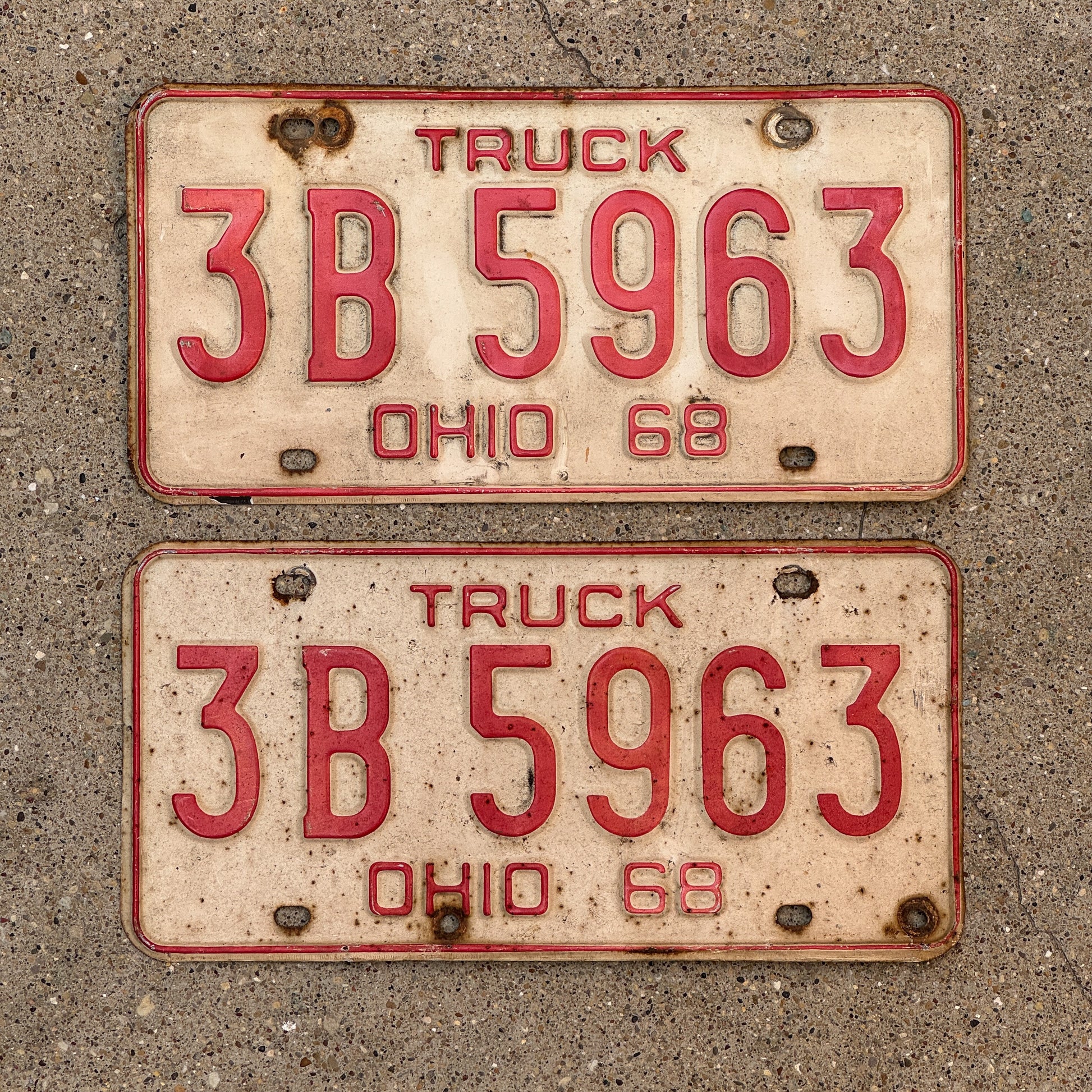 Photo of a 1968 Ohio Truck License Plate Pair Auto Tag Garage Decor Vintage 3 B 5963 with original patina