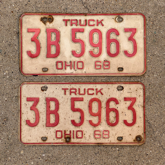 Photo of a 1968 Ohio Truck License Plate Pair Auto Tag Garage Decor Vintage 3 B 5963 with original patina