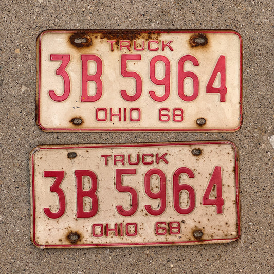 Photo of a 1968 Ohio Truck License Plate Pair Auto Tag Garage Decor Vintage 3 B 5964 with original patina