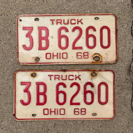 Photo of a 1968 Ohio Truck License Plate Pair Auto Tag Garage Decor Vintage 3 B 6260 with original patina